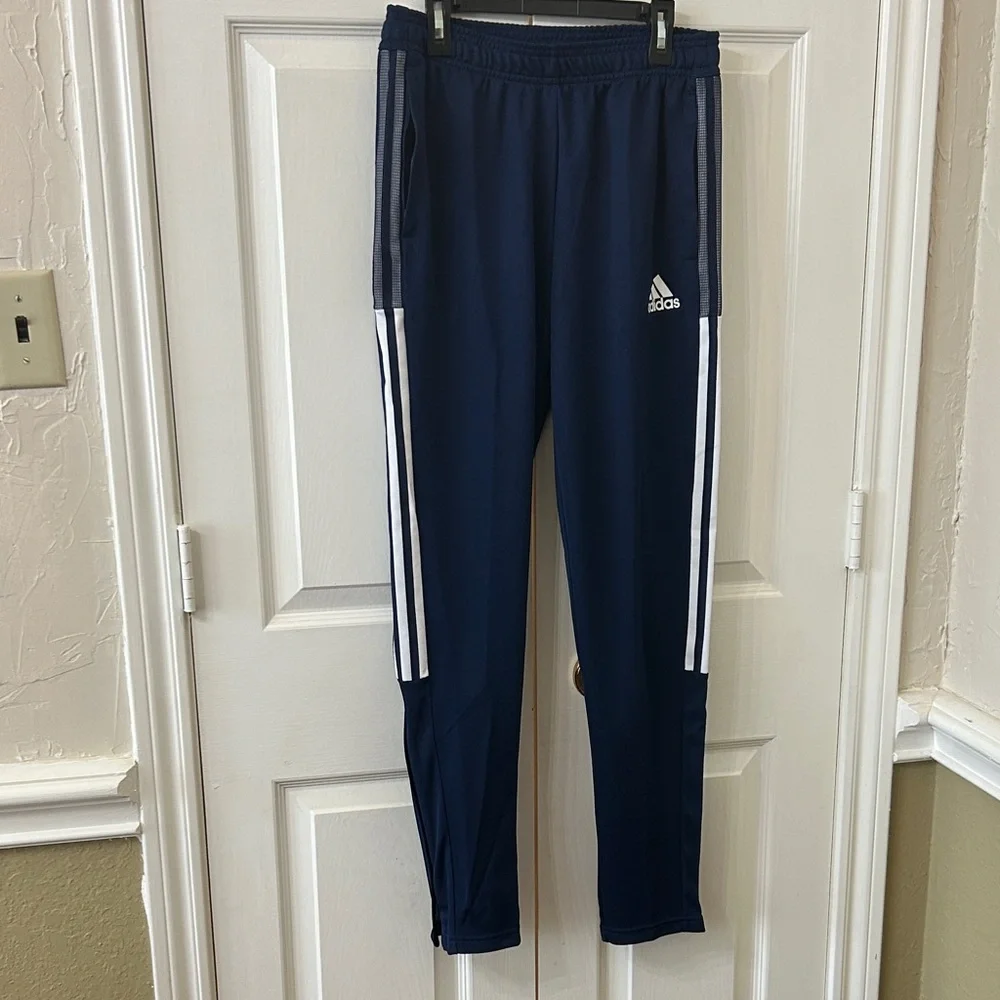 adidas boys athletic pants blue with white stripes size L
